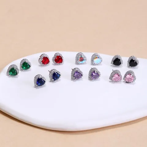 Tiny heart shape cubic zirconia stud earrings, Custom stone colors — photo 2